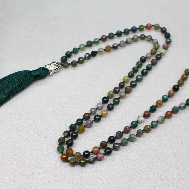Indian agate blessing necklace with 108 geometric 6mm beads on single strand