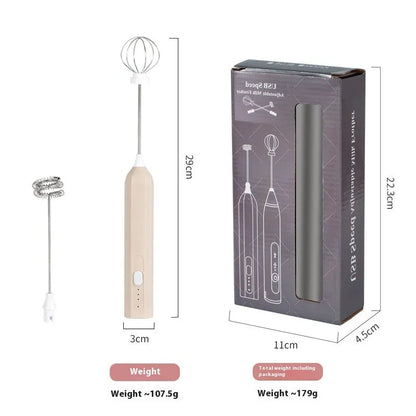 Handheld USB rechargeable electric whisk in apricot colour with mixing attachment