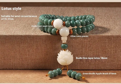 White jade and green sandalwood Bodhi seed bracelet with double ring safety buckle closure