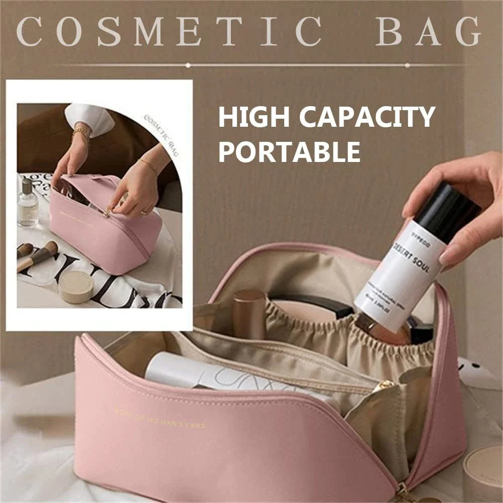 Premium PU leather cosmetic bag with large capacity, versatile storage, and water-resistant design for modern women on the go