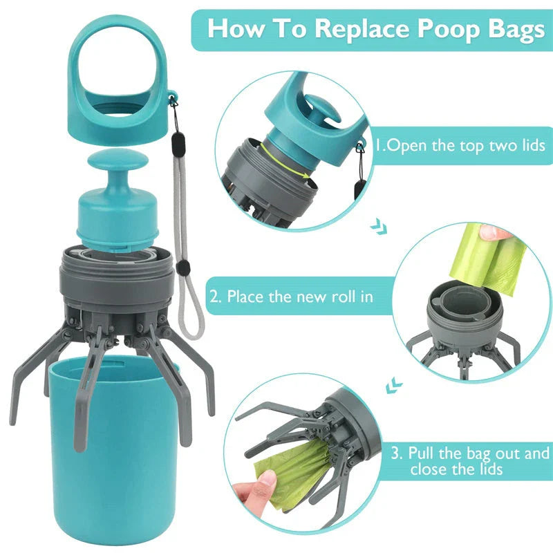 Portable dog poop scooper with claw mechanism and built-in bag dispenser for effortless pet waste cleanup
