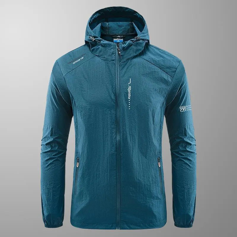 Men's lightweight nylon hooded jacket for sun protection in a loose fit, shown in dark blue.