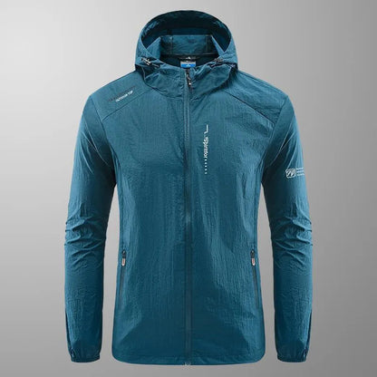 Men's lightweight nylon hooded jacket for sun protection in a loose fit, shown in dark blue.