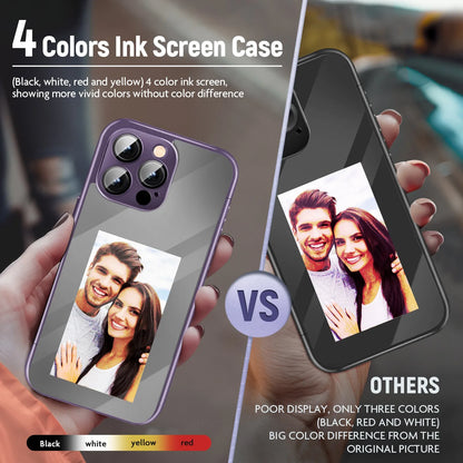 Black iPhone 15 Pro Max flip phone case with a custom graphic displayed on its integrated E Ink screen.