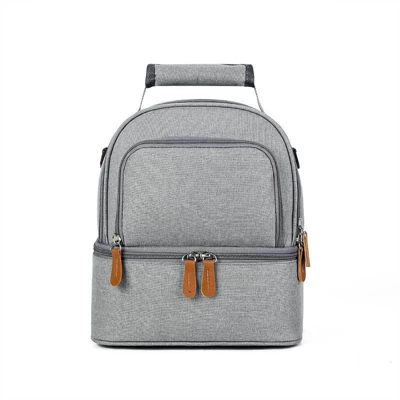 Grey women's thermal insulation backpack made from Oxford cloth with curved shoulder straps