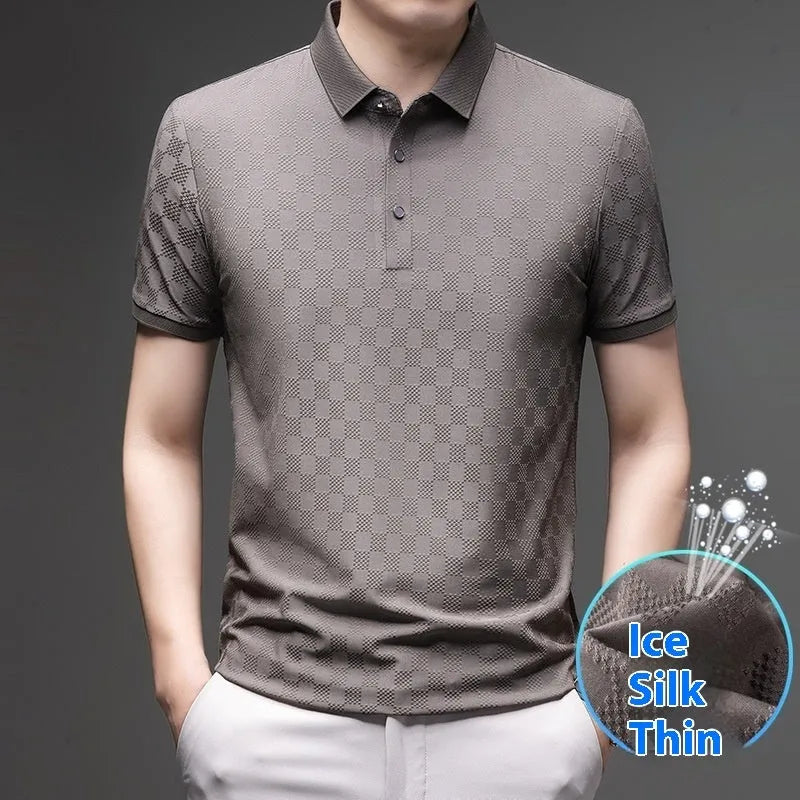 Rhombus thin ice silk short sleeve t-shirt in black with slit detail, showing stretchy fabric and fit