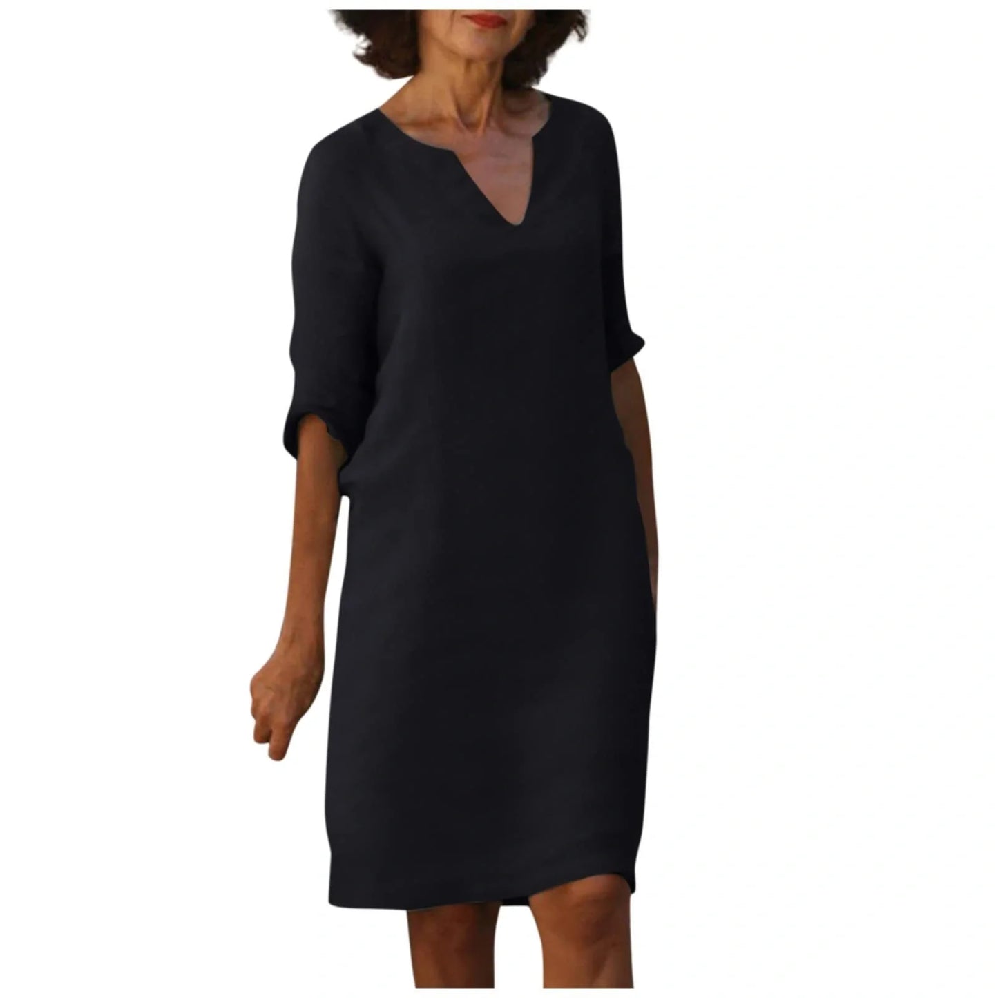 Retro cotton and linen V-neck dress with high waist and summer stitching in various colours