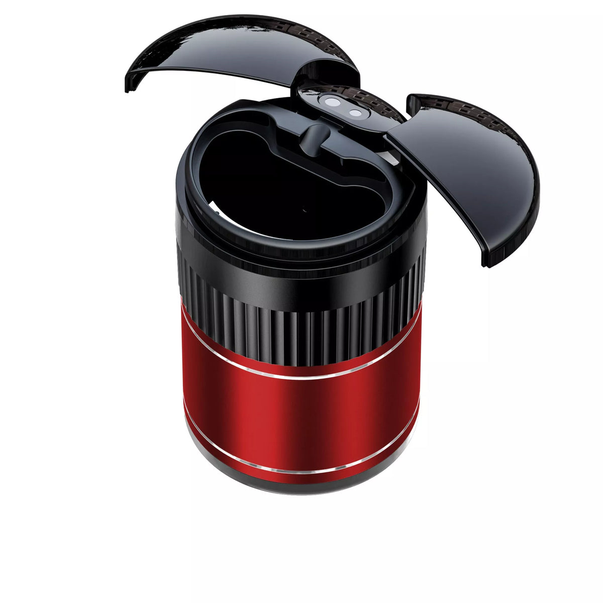 Smart car ashtray with lid and USB Type-C charging port in black, red, silver, brown, and green