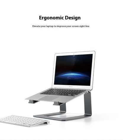 Black aluminium alloy laptop stand on a desk, showing its raised platform and open base design.