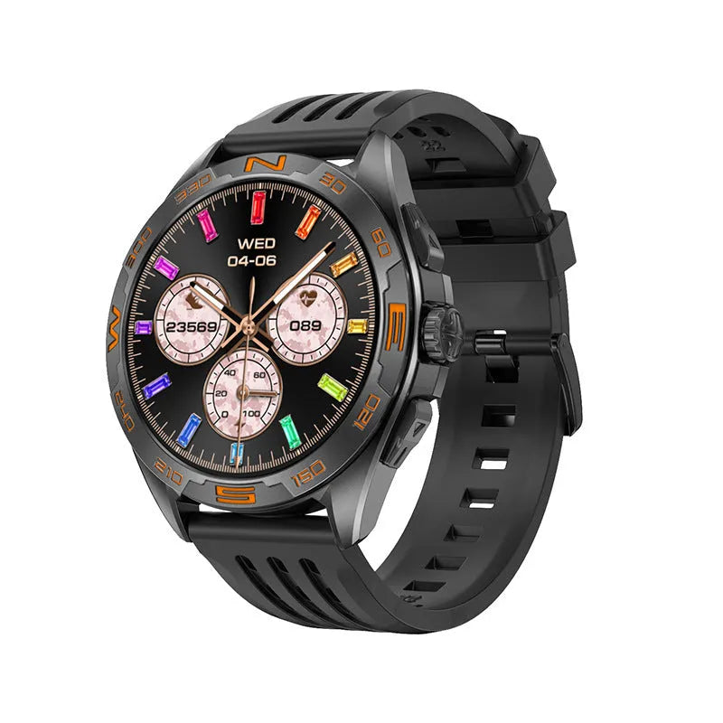 Smart watch with health monitoring display showing blood pressure, heart rate, and oxygen readings