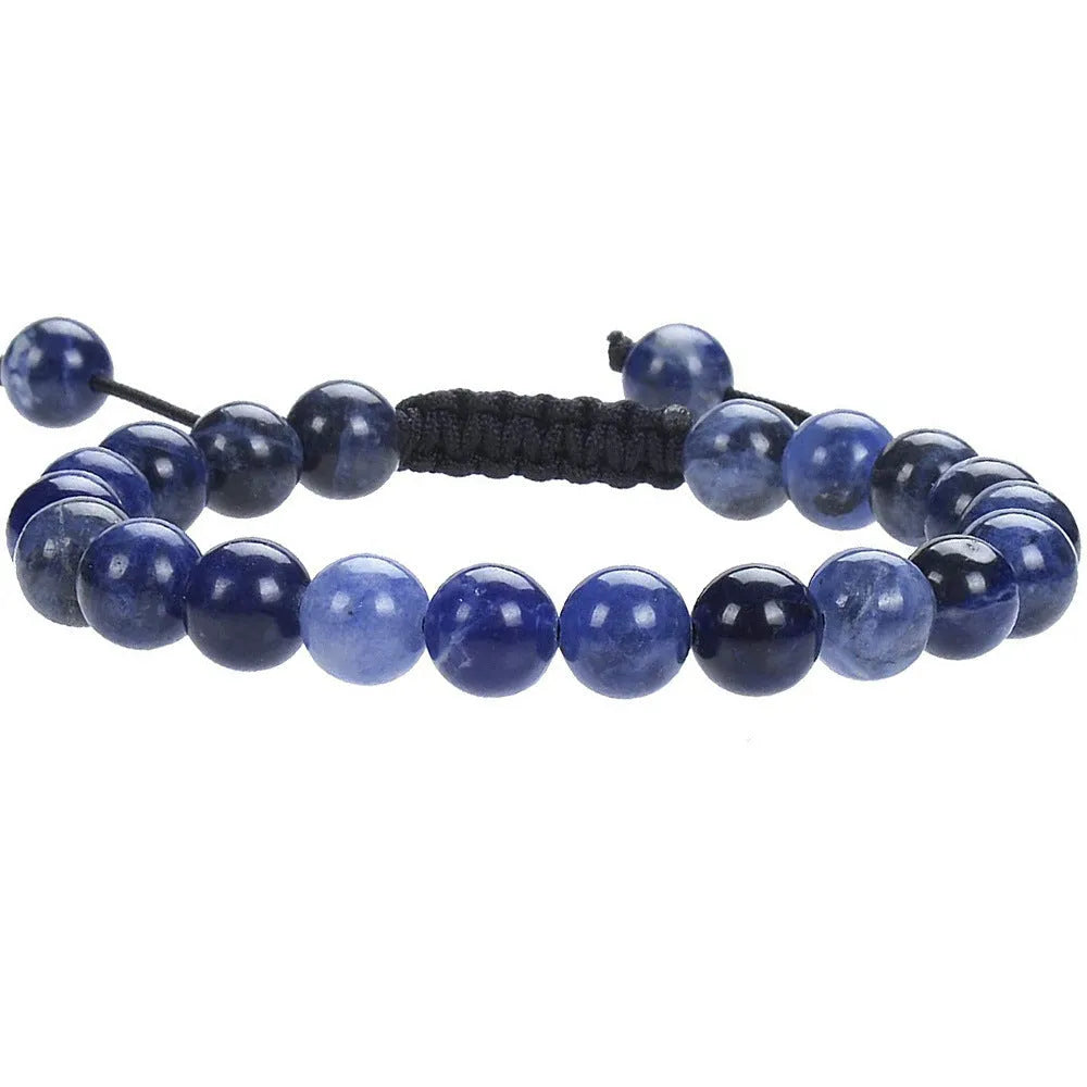 Women's flat knot braided healing bracelet hand-woven with natural gemstone beads in geometric pattern