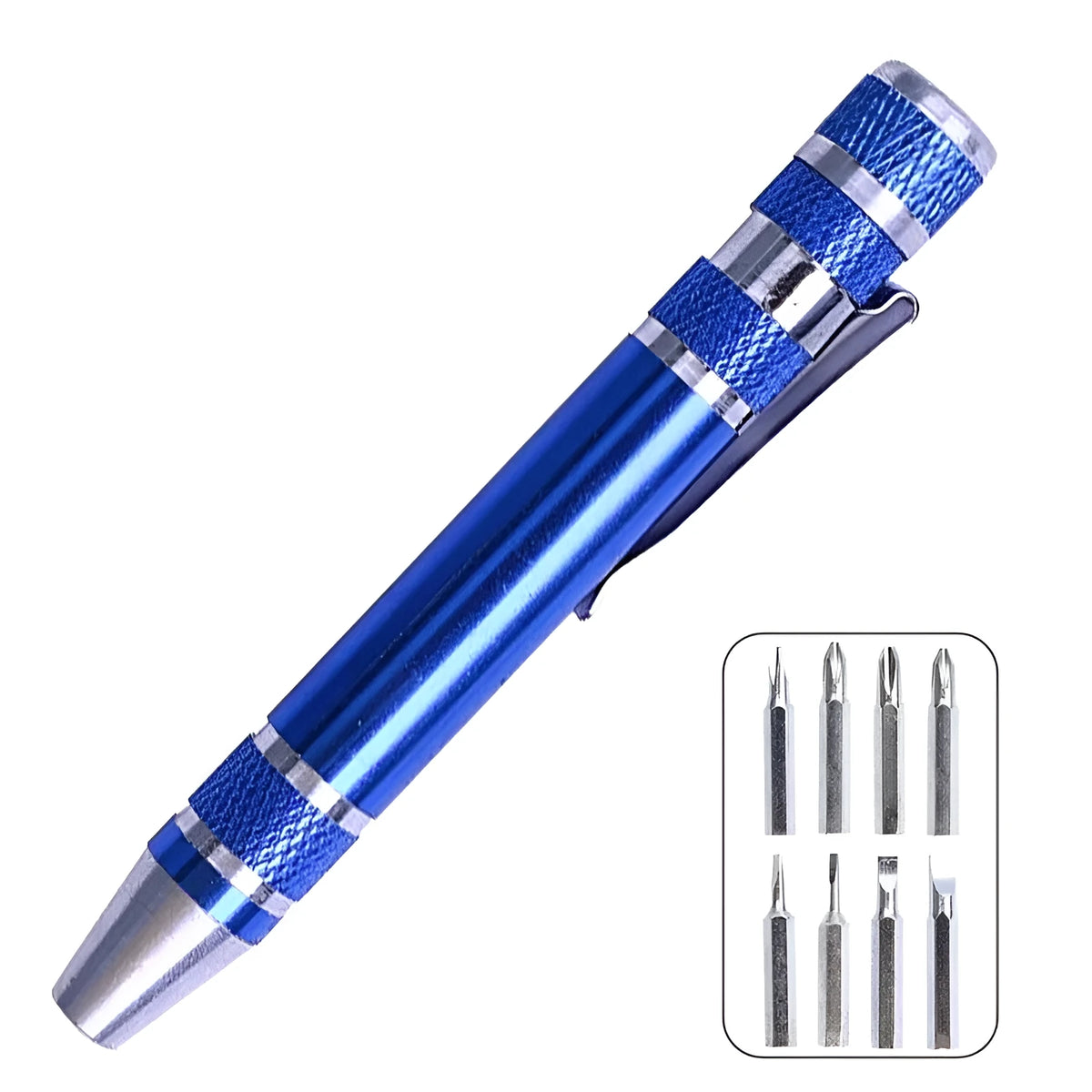 8-in-1 pen-type screwdriver set with aluminium handle and multiple coloured options on a white background.