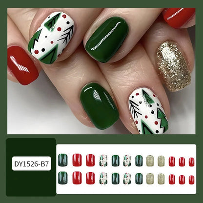 24pcs Christmas false nails with hat striped snowflake design for festive holiday wear