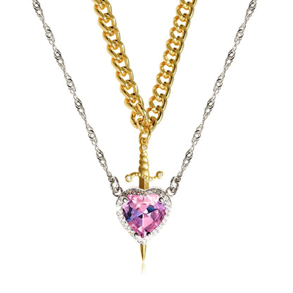 Gothic Punk Heart Dagger Couple Necklace with sparkling red rhinestones