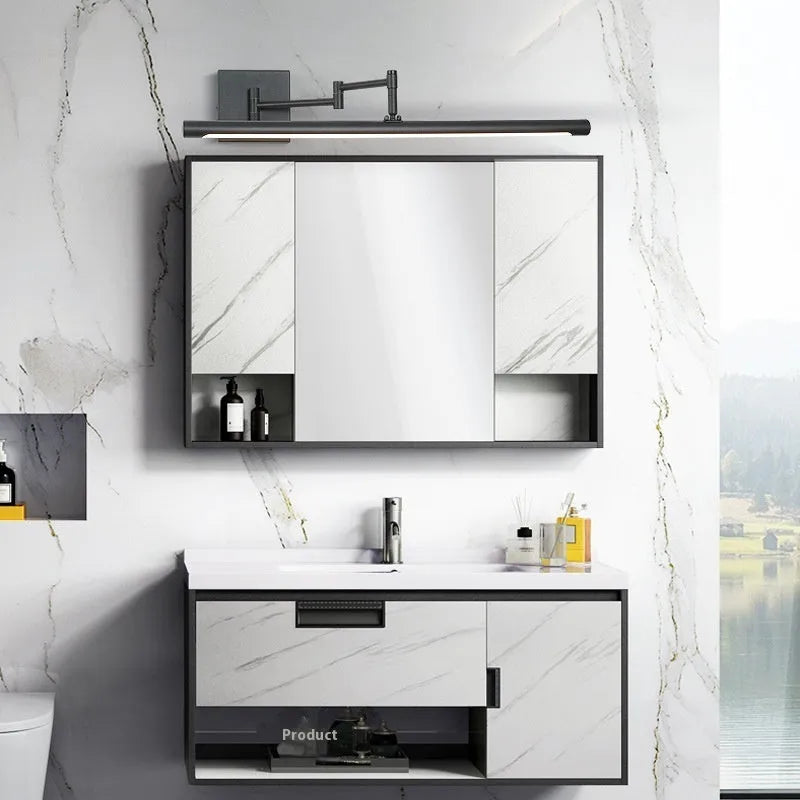 Modern simple style LED bathroom mirror cabinet in sand colour with integrated storage behind mirror