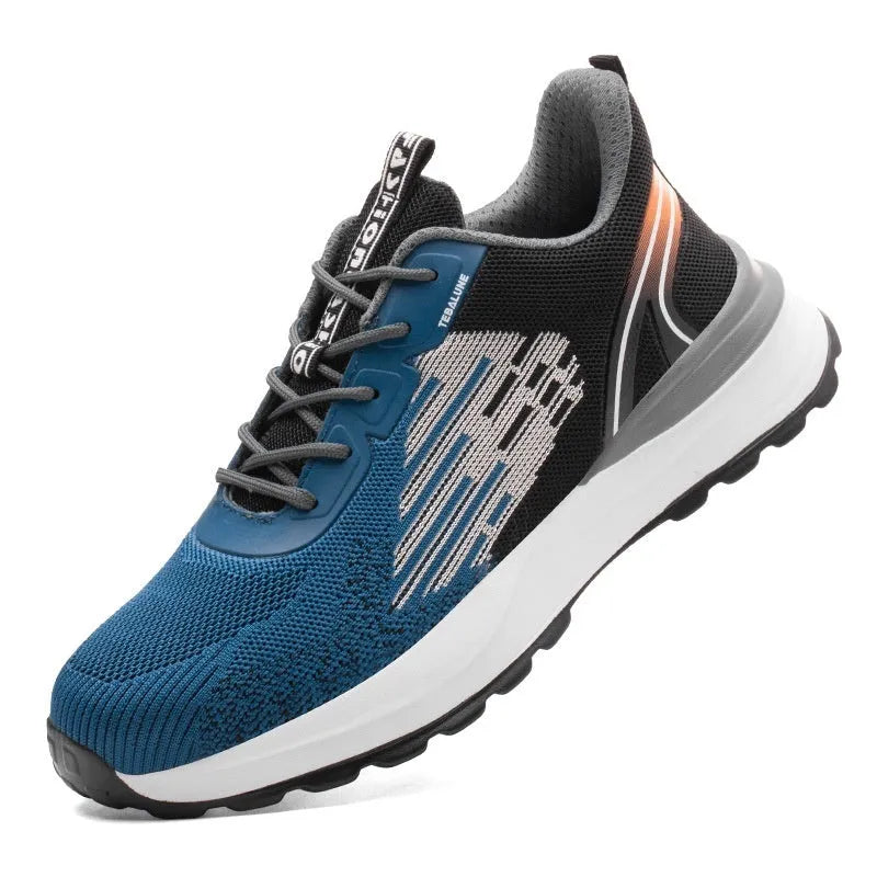 Blue men's low-top safety work shoes with plastic toe cap and breathable Flyknit mesh upper.