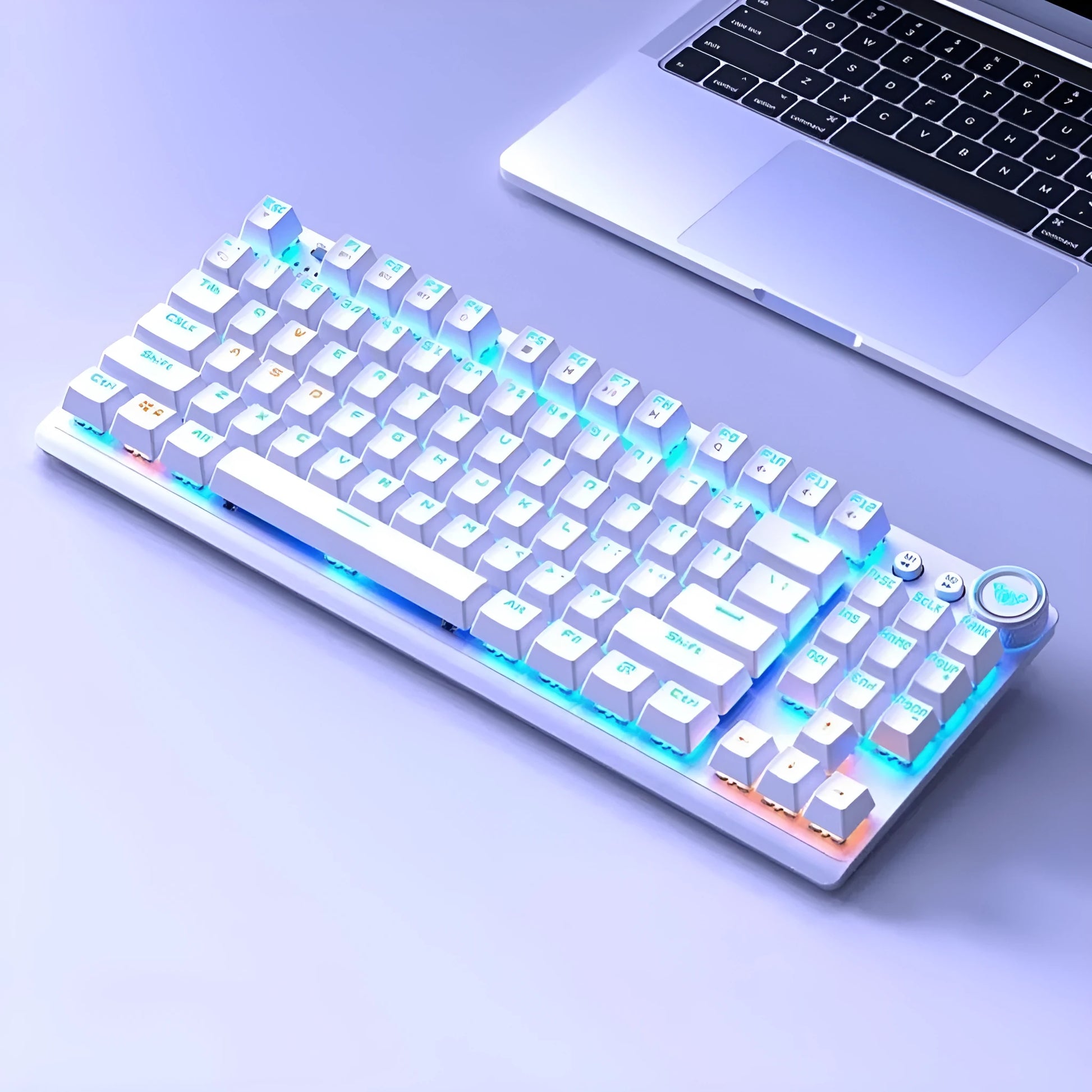 Tarantula wireless mechanical keyboard with side-engraved keycaps on a metal frame, showing USB-C cable.