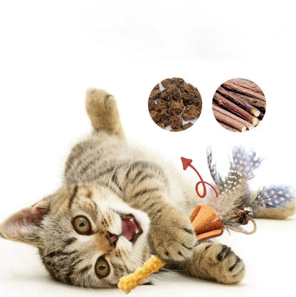 Polygonum wood cat feather chew toy with green and yellow feathers for dental care and interactive play