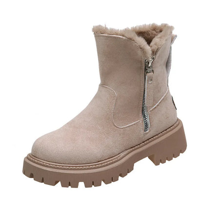 Women's black faux suede high-top snow boots with a side zipper and fur-lined collar.