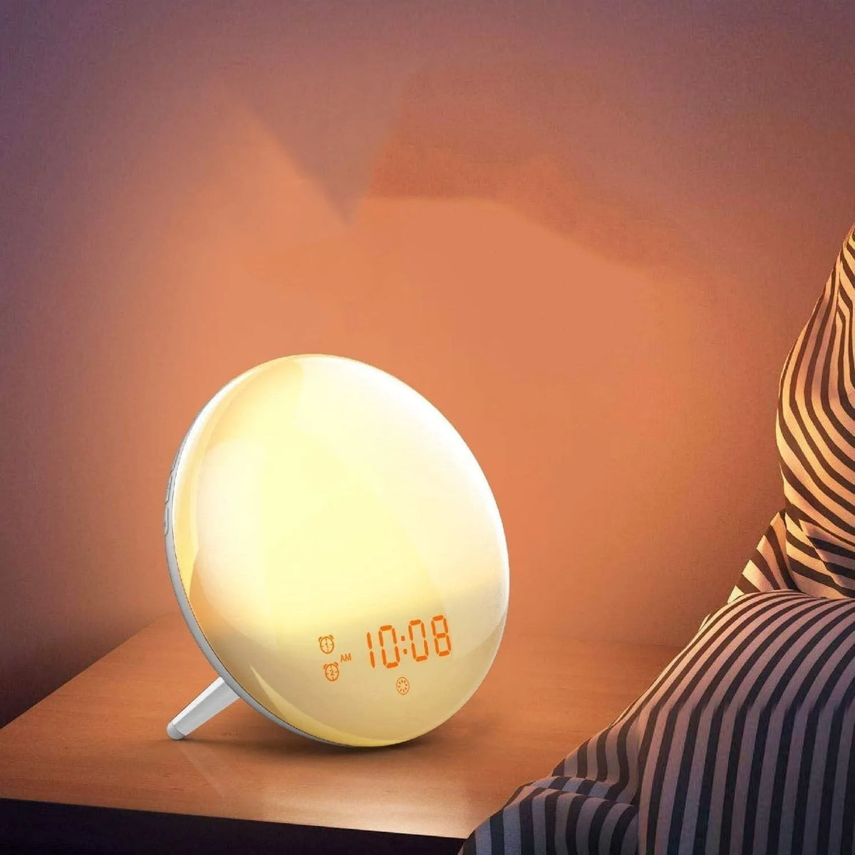 Sunrise alarm clock wake up light with wood grain base, 16x16x6cm, USB powered, voice control, two alarms