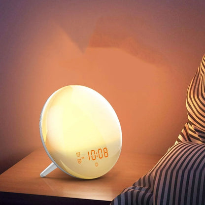 Sunrise alarm clock wake up light with wood grain base, 16x16x6cm, USB powered, voice control, two alarms