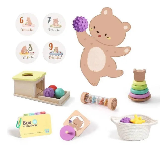 Wooden Montessori rattle toy with black and white cards, ball chime, and colour box for children aged 4-6 years