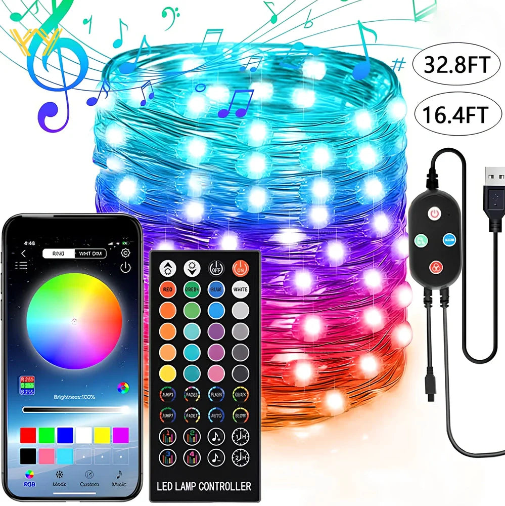 Bluetooth APP-controlled LED light string with flexible copper wire and plastic shell for indoor decoration