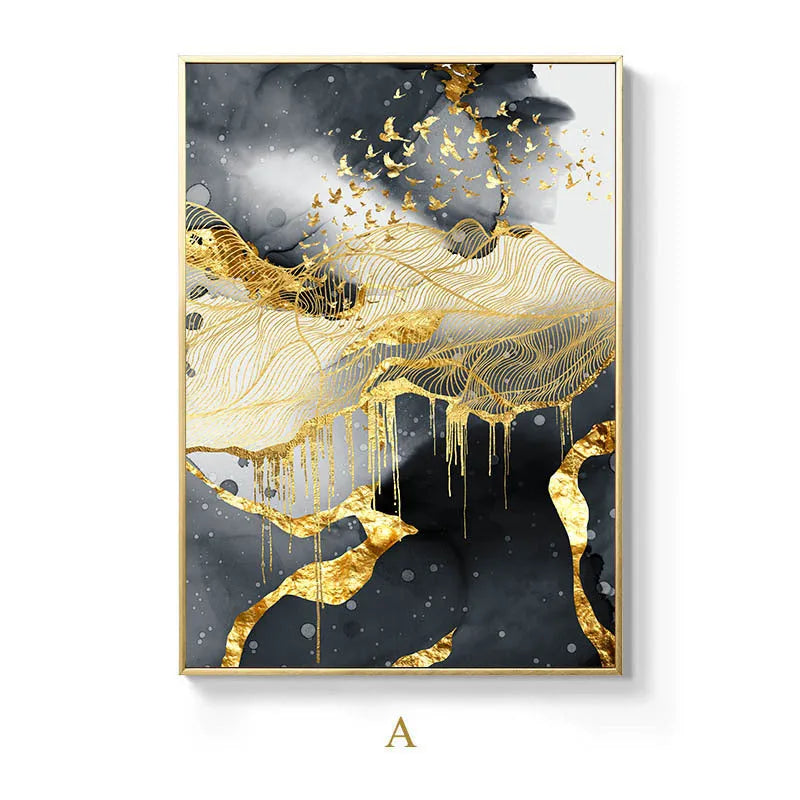 Golden black and white frameless canvas wall art painting on textured canvas