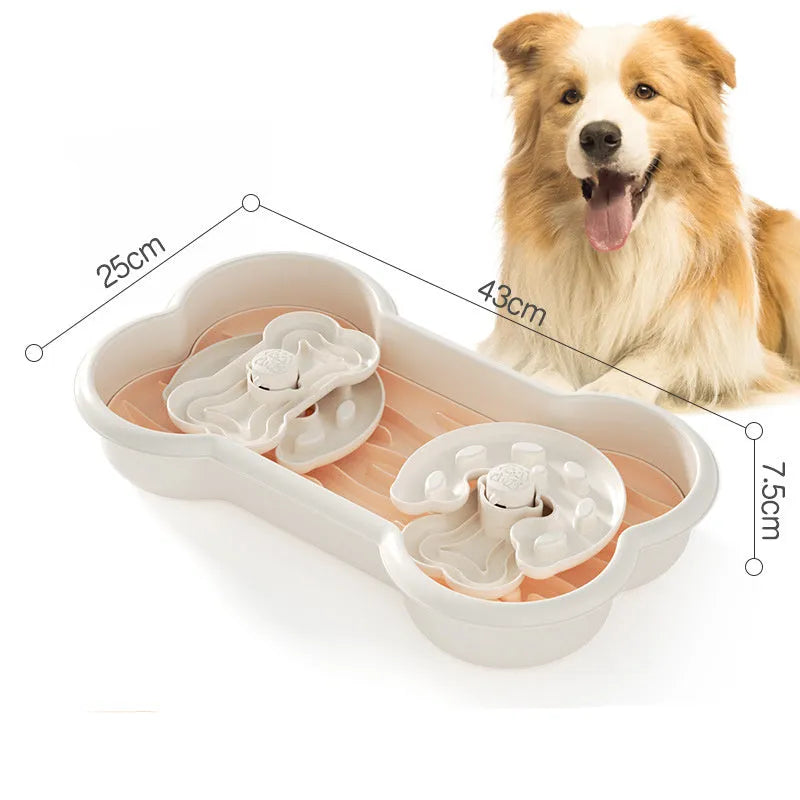 Green, pink, and yellow large slow feeder dog bowl with three puzzle trays and suction cups.