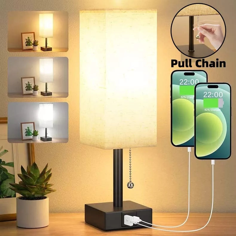Bedside table lamp with adjustable brightness and USB ports in various colours