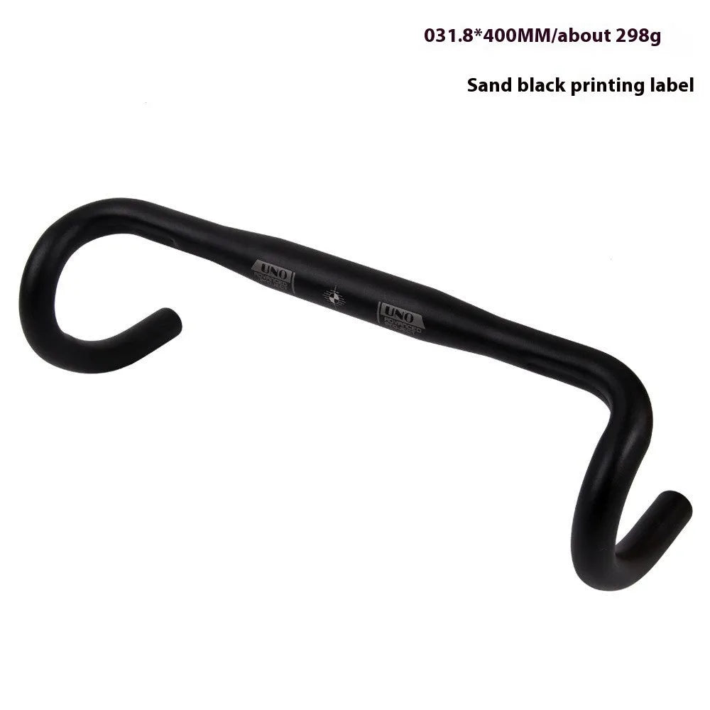 Black aluminium alloy road bike drop handlebar with printed UNO logo showing bend profile