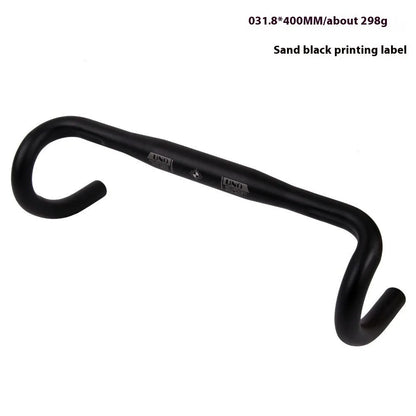 Black aluminium alloy road bike drop handlebar with printed UNO logo showing bend profile