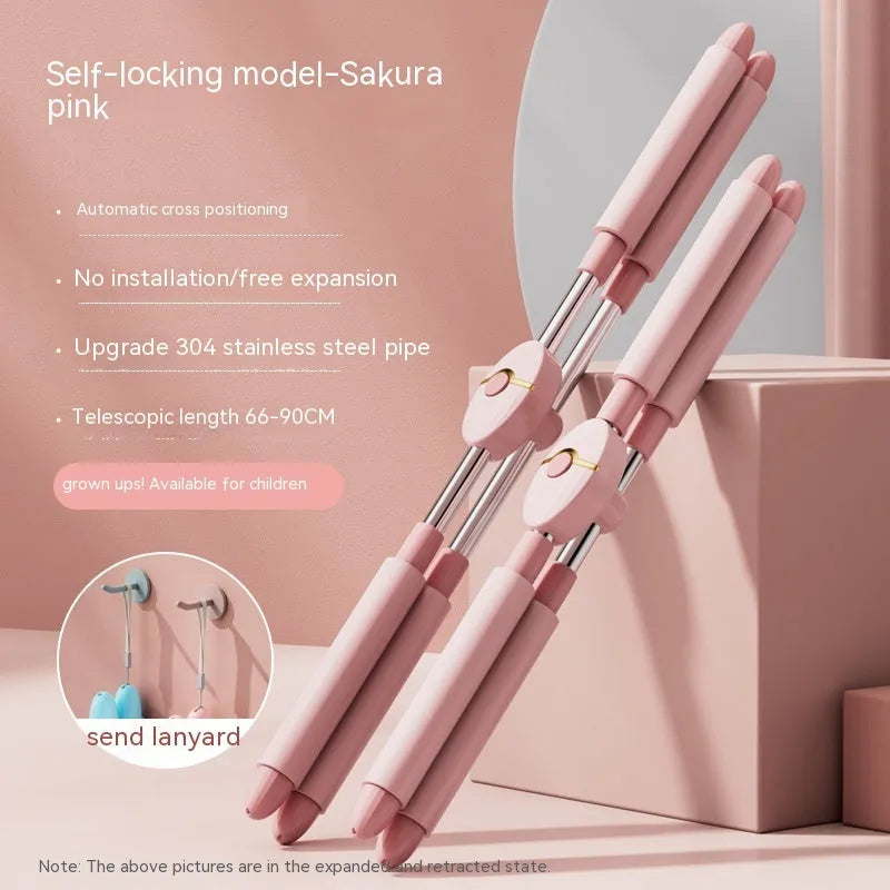 Blue and pink children's adjustable open back yoga stick for fitness body shaping, showing length adjustment.