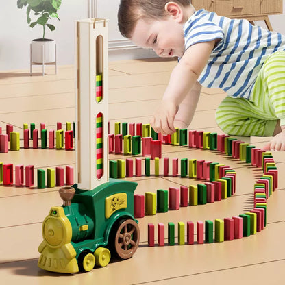 Electric domino train building blocks toy for children, available in dark green and wine red