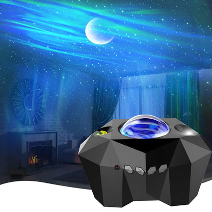 Black and white LED Dream Aurora Borealis light projector with remote control on a table