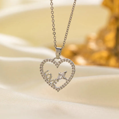 Titanium steel necklace for women with copper pendant, O-ring chain, gold or steel colour, heart or crescent moon design