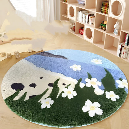 Round blue children's carpet with cartoon snow mountain and Hailang graphic on polyester fabric.