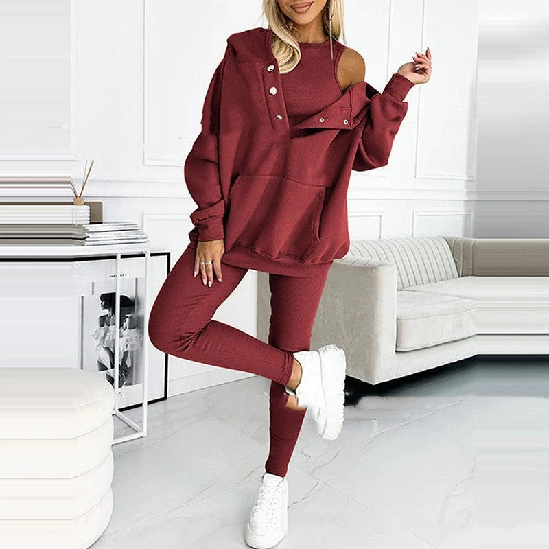 Women's 3-piece sports suit with hooded sweatshirt, vest, and slim trousers in various colours