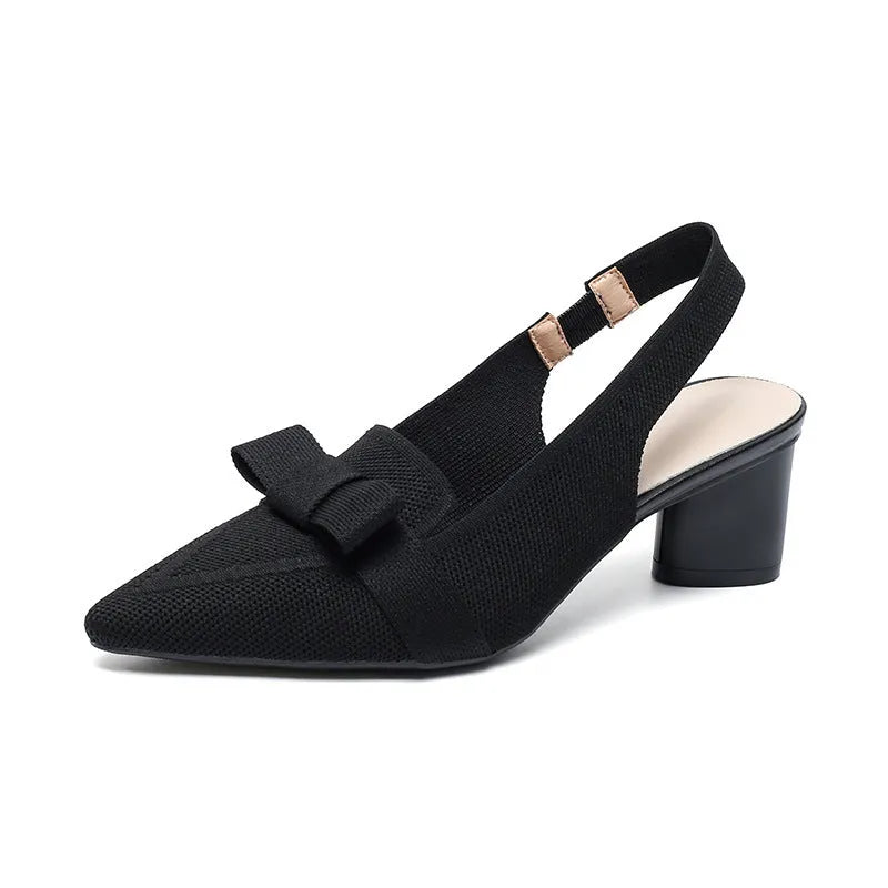 Women's closed toe high heel sandals with back strap and decorative bow in fabric uppers