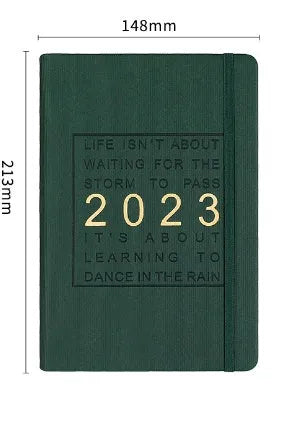 Creative student almanac calendar with imitation leather cover open to show weekly layout