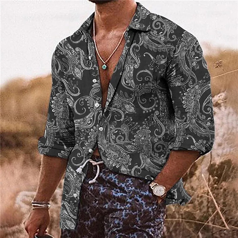 Men's bohemian shirt with 3D floral pattern digital printing, loose fit long sleeves