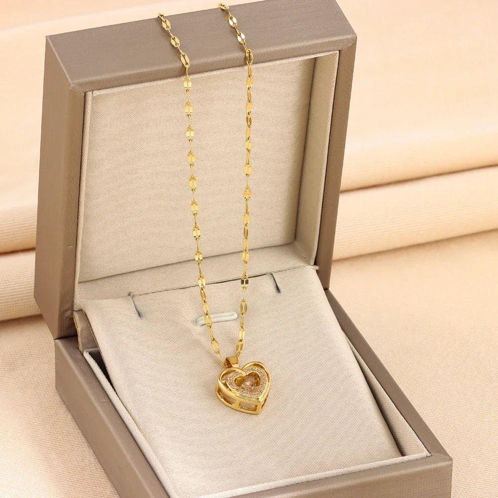 Double-layer love necklace with rhinestones and titanium steel pendant, a stylish and durable fashion accessory