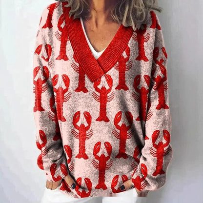 Women's V-neck sweatshirt with a detailed 3D floral pattern print in art retro style.