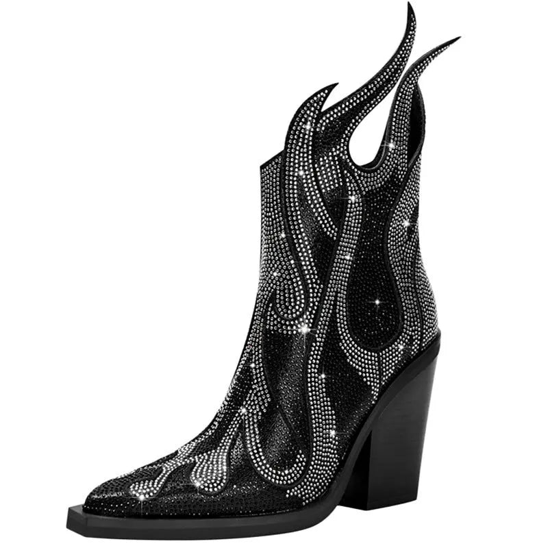 Women's black square toe martin boots with chunky heel, rhinestone flame detail, and side zip.