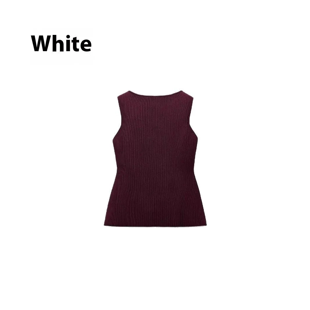 Women's dark red slim fit sleeveless sweater vest with gold buttons on a hanger.