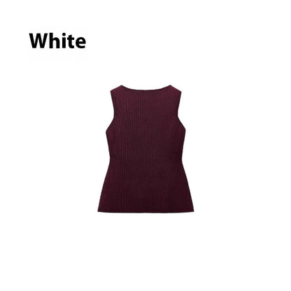 Women's dark red slim fit sleeveless sweater vest with gold buttons on a hanger.