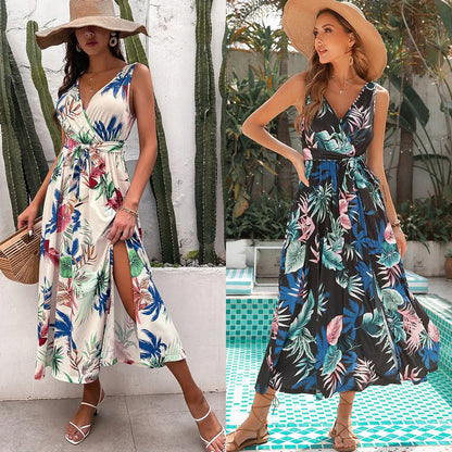 Women's Printed Lace-Up Resort Camisole Dress in black and apricot, perfect for summer outings