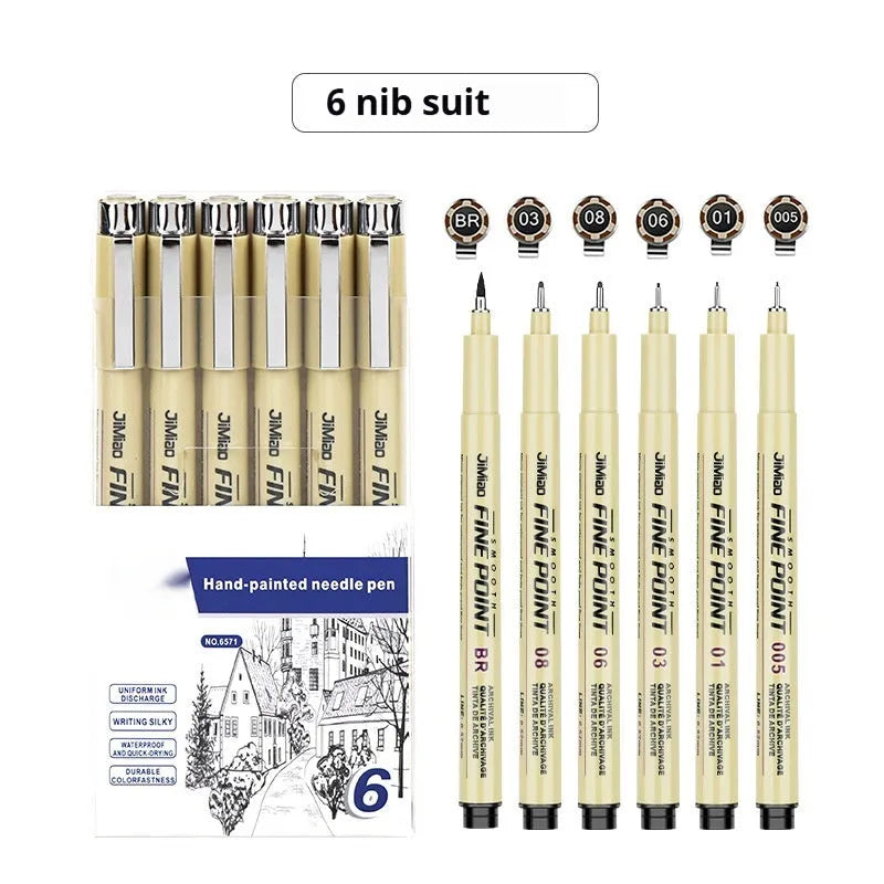 Waterproof black ink needle pen with cartoon syringe drawing on its 133mm plastic body.