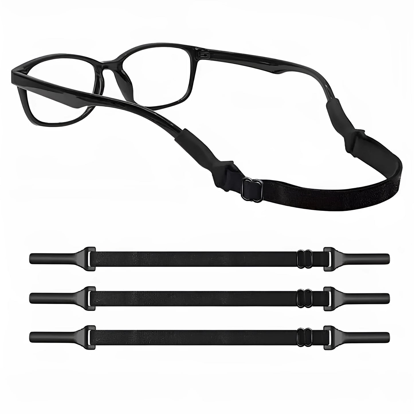 Black adjustable glasses cord with silicone earpiece hooks for adult and children's eyewear security