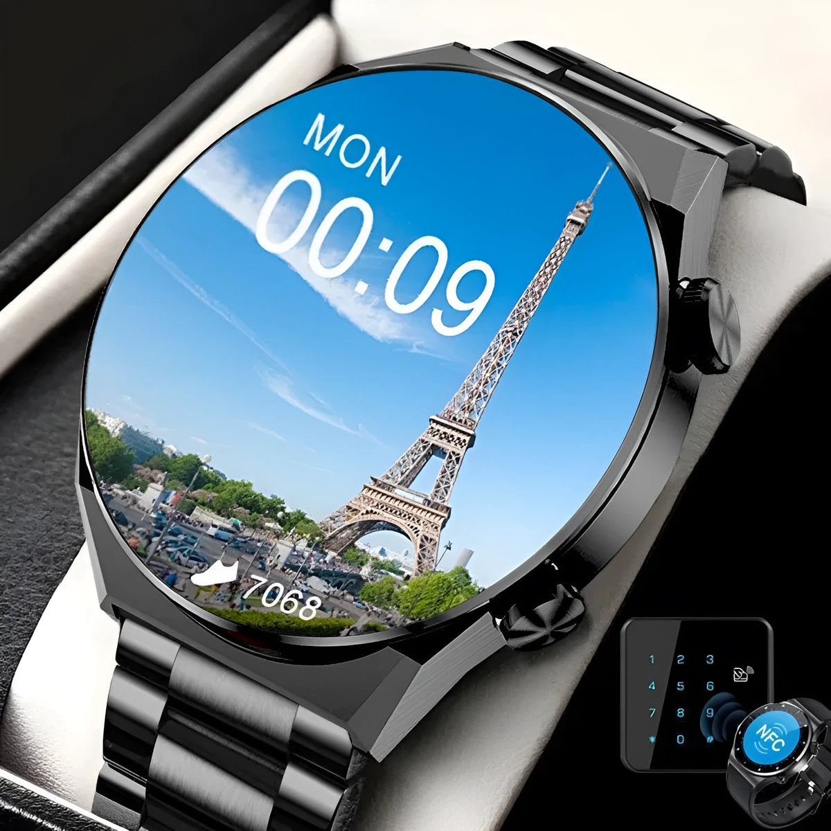 Simple metal smartwatch with black silicone strap and 1.45-inch screen displaying heart rate.